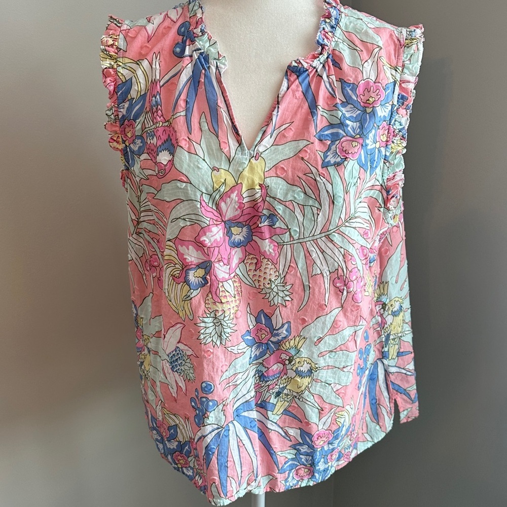 Talbots Pink Floral Ruffle-Trim Sleeveless Tank